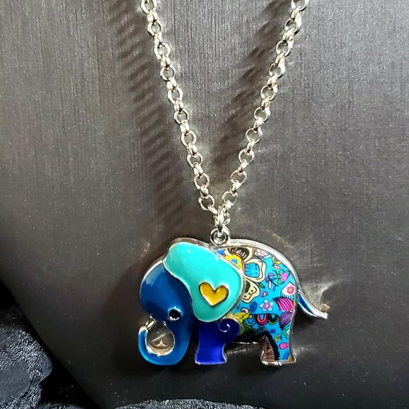 Floras Fantasies Jewelry - HandPainted Enamel Elephant Necklace Lt Teal Ears